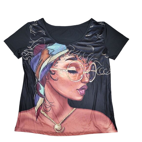 Afrocentric Black T-Shirt With Colorful Headwrap Design Women's XL - Picture 2 of 4